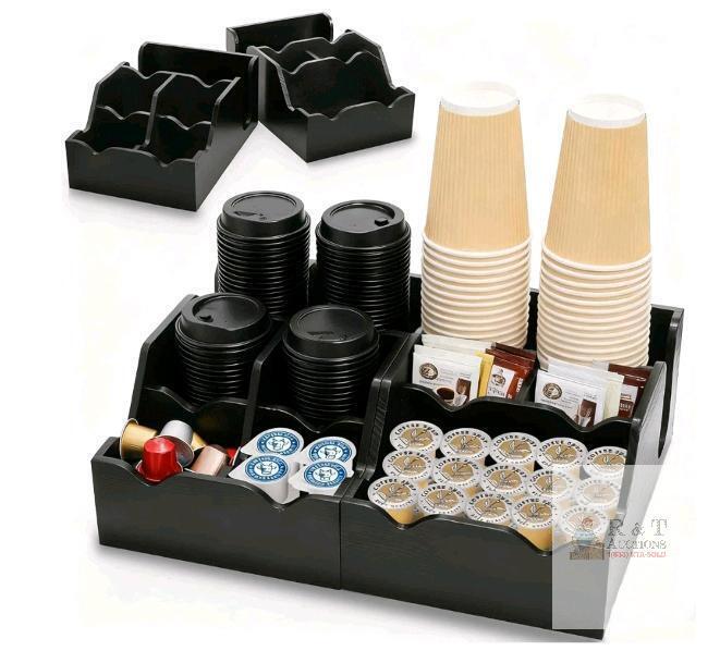 NEW 9-Slot Black Countertop Coffee Cup and Condiment Organizer, 16"x11.8"x5" ABS Plastic