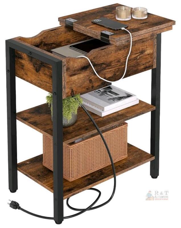 NEW Hoobro BF341BZ01 Side Table with Charging Ports, Flip-Top Storage, Rustic Brown