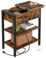 NEW Hoobro BF341BZ01 Side Table with Charging Ports, Flip-Top Storage, Rustic Brown