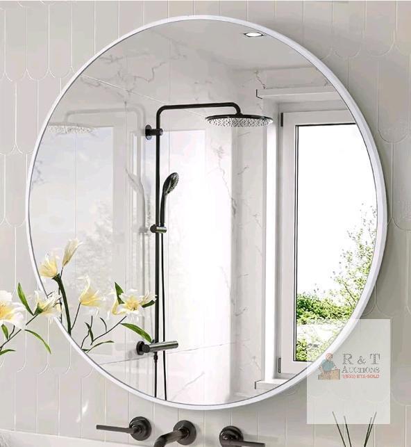 NEW 24" Round Wall Mirror, White Aluminum Frame, Silver-Backed Glass, 9.7 lbs