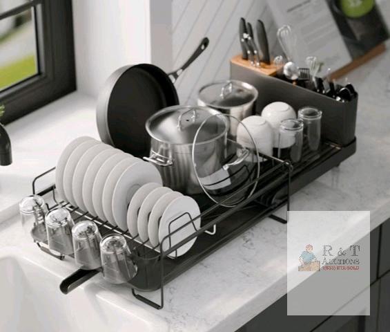 NEW Kitsure Large Dish Drying Rack, Extendable 19.2"-26.7" x 12.9", Black with Wooden Accent