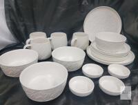 NEW White Textured 17-Piece Ceramic Dinnerware Set, Includes Plates, Bowls, Mugs, and Small Dishes