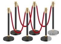 NEW VEVOR Crowd Control Stanchion Set, 6 Posts, 4 Red Velvet Ropes, Black/Gold, 34.65 in, Sand Base