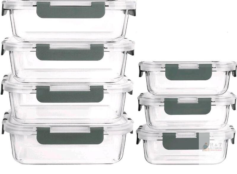 NEW Glass Food Storage Containers, Rectangular, Locking Lids, 6.5"x4.5" & 8"x6", Stackable, Gray