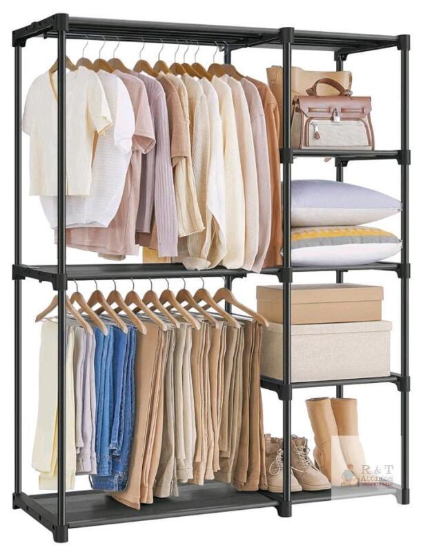 NEW Songmics RYG024G02 Open Wardrobe 44"x17"x65" Black, 2 Hanging Rods, 6 Shelves, 110 lb Capacity