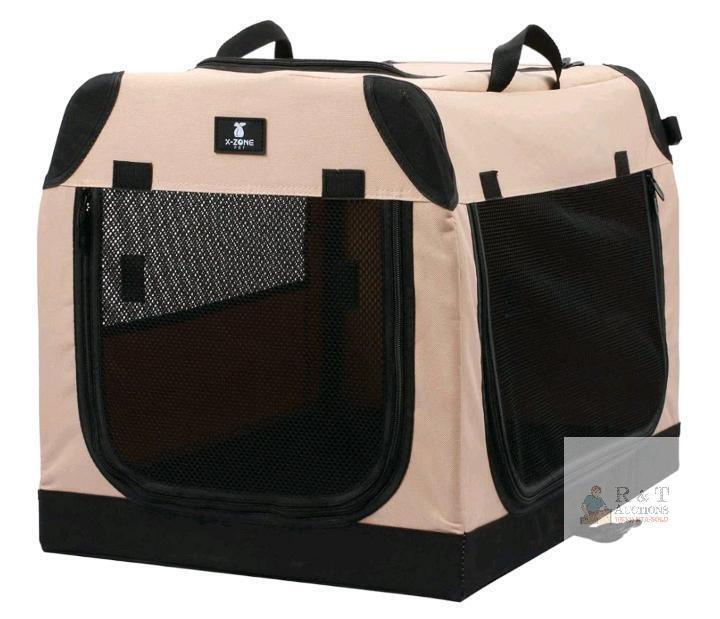 NEW X-ZONE PET Foldable Soft Dog & Cat Crate 28" Beige, 3-Door, Mesh Ventilation, Portable Kennel