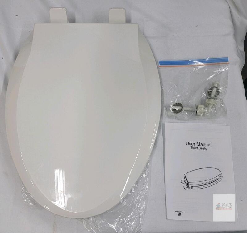 White Elongated Plastic Toilet Seat with Lid, 18.5"x14.2", Mounting Hardware Included