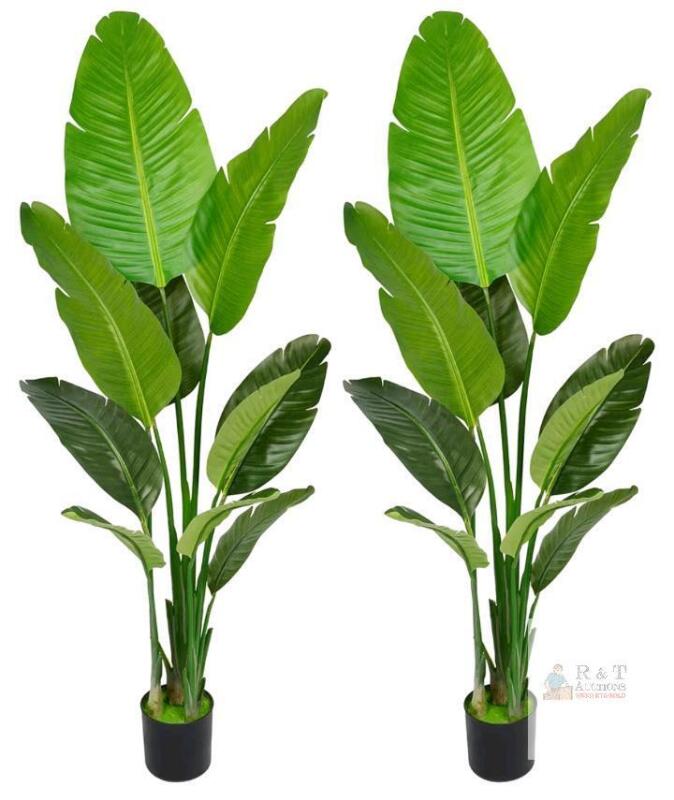 2 NEW Artificial Bird of Paradise 5.2ft Tall Potted Plant, PE Banana Leaves, Cement-Filled Pot