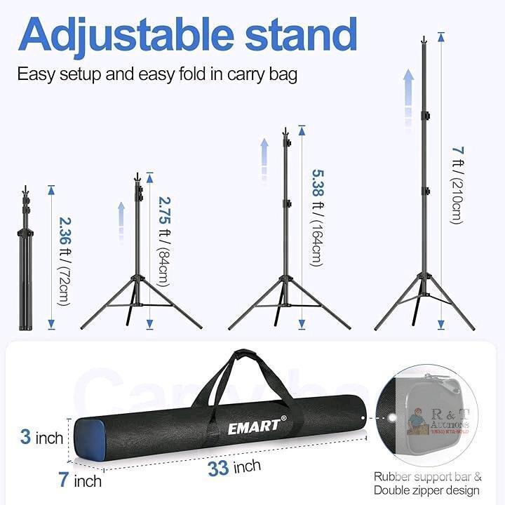 NEW EMART 7ft Adjustable Aluminum Light Stand, 3 Sections, with Carry Bag, Black