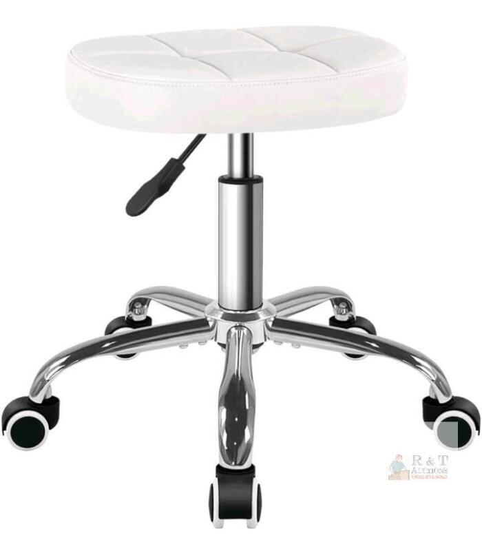 NEW BFTOU Adjustable Rolling Stool, White, 300 lb Capacity, 19.3&ndash;25.4 in Height, Chrome Base, PU Leather