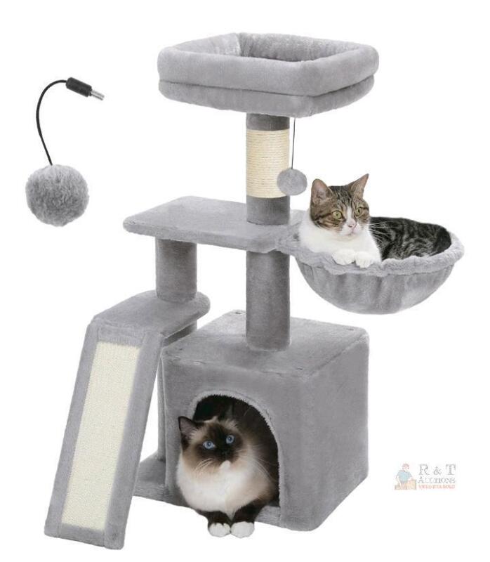 NEW PAWZ Road Cat Tree 31.5" Grey, Condo, Hammock, Scratching Ramp, Plush Perch Tower, Removable Bed