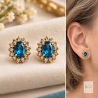 NEW Gold-Tone Oval Teal Blue & Clear Rhinestone Halo Stud Earrings, Pair