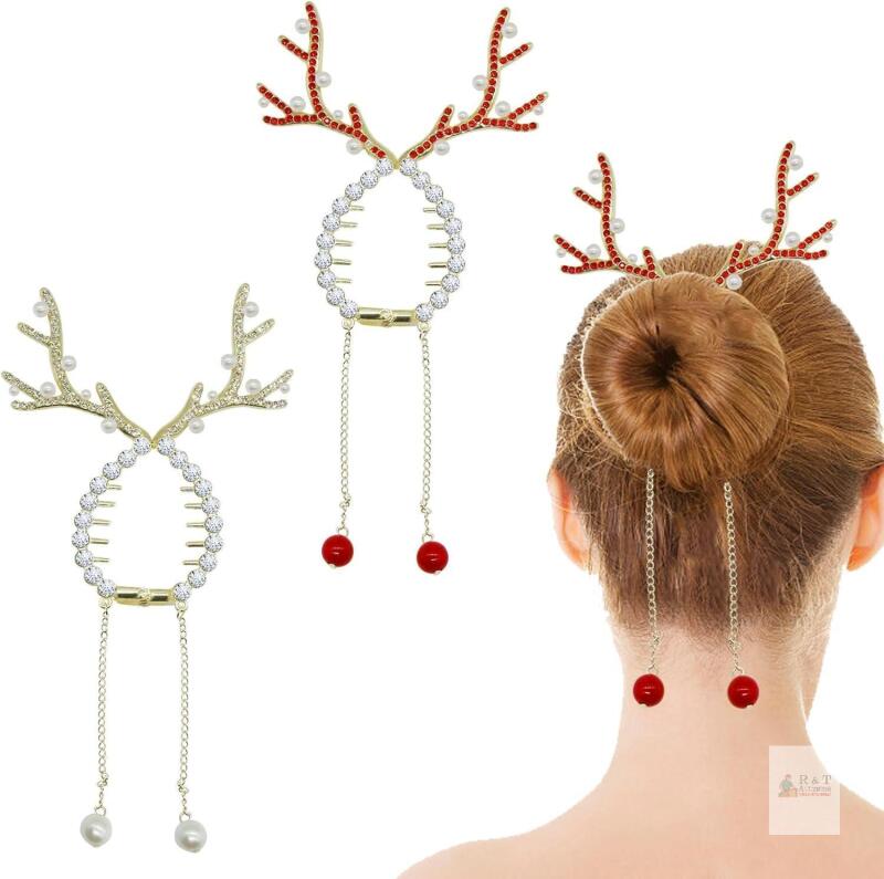 New 2Pcs Christmas Reindeer Ponytail Bun Holder Claw Clips Supplies, Christmas Hair Accessories