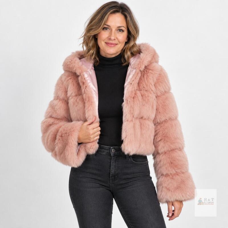new AXIRUI XXL Pink Faux Fur Hooded Jacket, Cropped, Synthetic Lining, Plush,