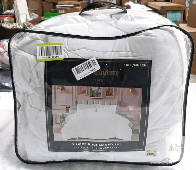 NEW Juicy Couture Ribbon Ruched Comforter Set, Full/Queen, White, 3-Piece