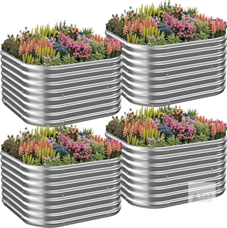 NEW Set of 4 Galvanized Steel 3x3 ft Raised Garden Beds, 10 in Deep, Silver, Weather-Resistant