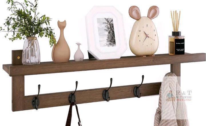 NEW SMIBUY 29.2" Wall-Mounted Bamboo Coat Rack with Shelf, 5 Double Hooks, White Finish