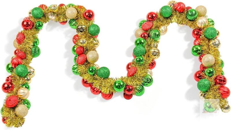 GOVIRAYE 6FT Ornament Ball Garland &ndash; Red, Green & Gold Shatterproof Christmas Garland for Tree, Mantel & Holiday Decor