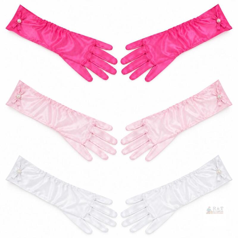 3 New Pair Children's Luxurious Girls Satin Pearl Bow Princess Long Gloves