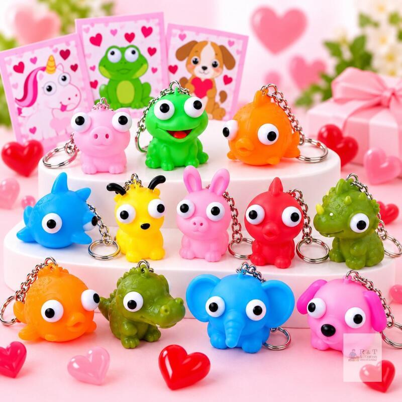 NEW 28 Pc Animal Pop-Eye Keychain Toys with Friendship Cards, Classroom Exchange Set