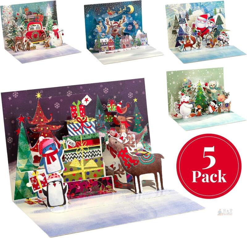 New Rileys and Co. Set of 5 Pop-Up Christmas Cards with Envelopes, 5 Designs