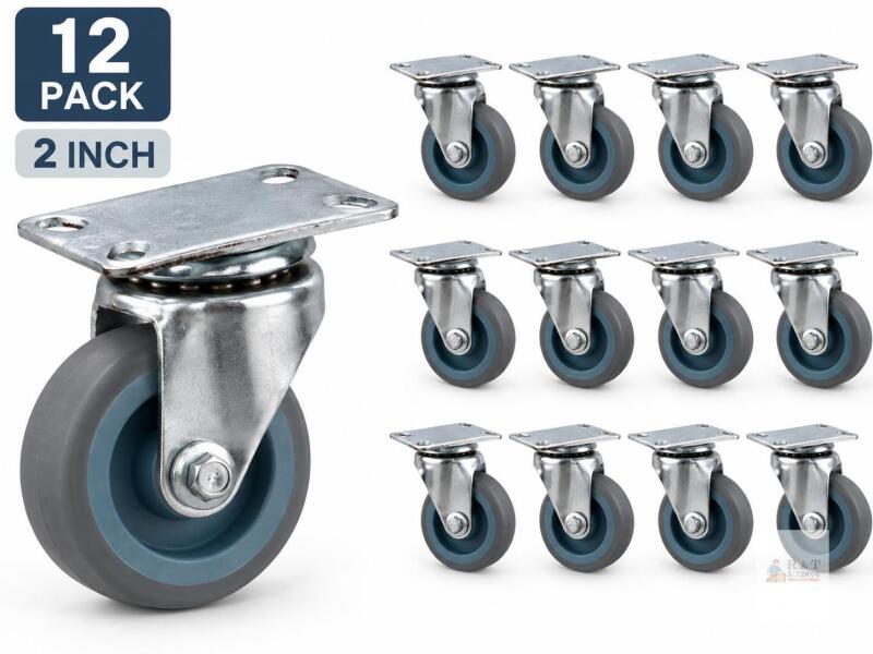 NEW 12-Pc 2" Swivel Caster Wheel Set, Grey Rubber Wheels with Metal Mounting Plates
