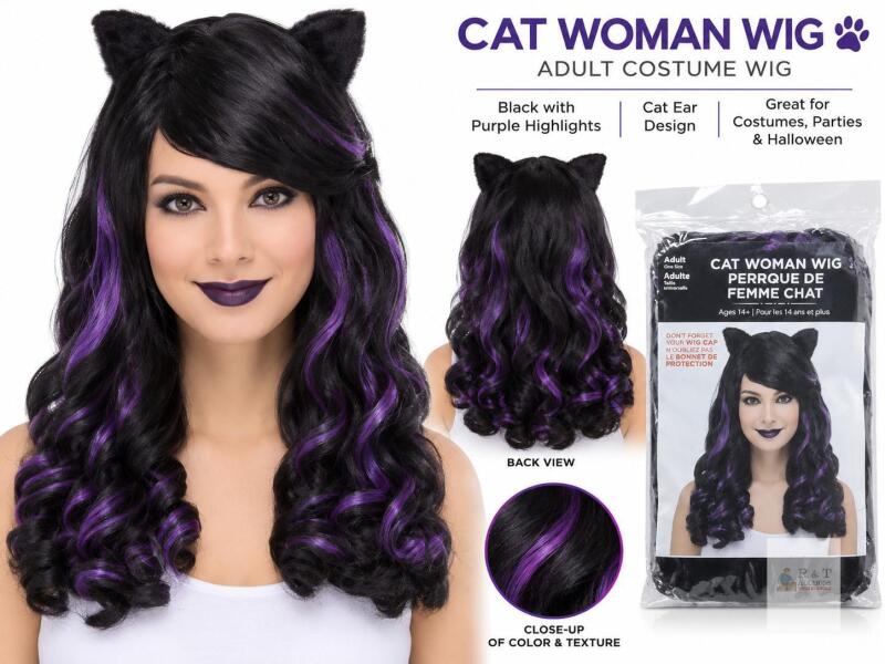 NEW Adult Cat Woman Costume Wig, Black with Purple Highlights & Cat Ears, One Size, Ages 14+
