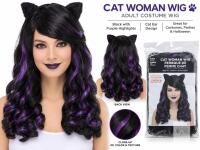 NEW Adult Cat Woman Costume Wig, Black with Purple Highlights & Cat Ears, One Size, Ages 14+