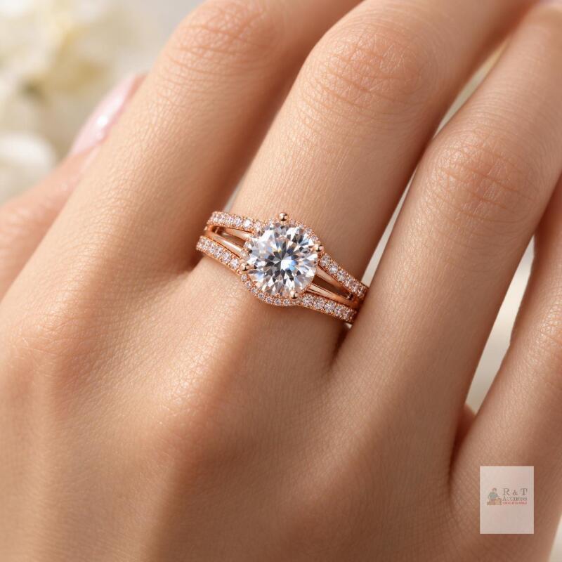 NEW Huitan F1732 Rose Gold-Tone Cubic Zirconia Ring, Size 9, Round Solitaire with Pav&eacute; Split Band