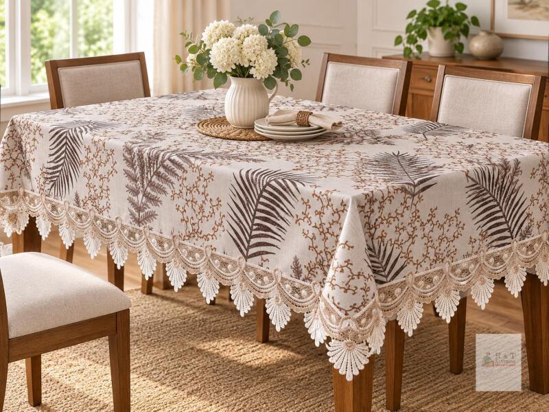 NEW Walrus Heavy-Duty Vinyl Tablecloth, Fern & Floral Print with Lace Trim, Waterproof & Wipe-Clean, 60" x 102"
