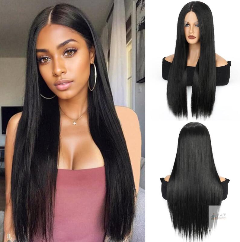 New 12" Straight Natural Lace Front Wig Glueless 1/4 Hair Wig for Black Women Heat-Resistant Synthetic Long Straight Wigs, Pre-Plucked Hairline for Daily & Party Wear (Black)
