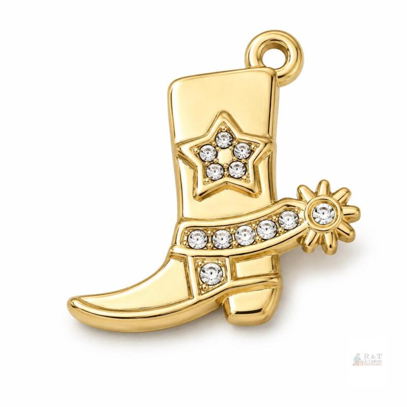 NEW Gold-Tone 304 Stainless Steel Rhinestone Cowboy-Boot Charm/Pendant, 20.5 &times; 19 mm, Single