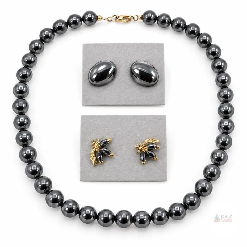 Beautiful Hematite Earrings & Necklace 14" Long