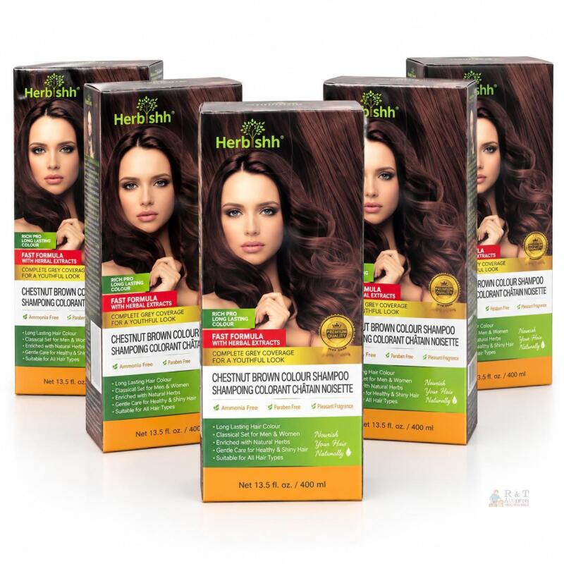 5 New Herbishh CHESTNUT BROWN Colour Shampoo With Full Grey Coverage, 3-in-1, Long Lasting Hair Colour, 400ml, exp 15/5/2026