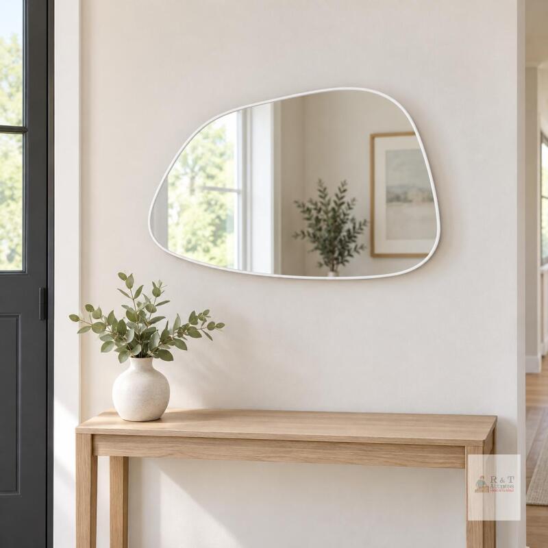 NEW Irregular Shaped Wall Mirror with White Frame and Mounting Hardware