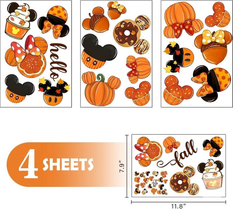 New Mfault Hello Fall Cartoon Mouse Window Clings 4 Sheets, Autumn Pumpkin Doughnut Acorn Cupcake Stickers Decals Decorations, Maple Leaves Seasonal Home Kitchen Decor
