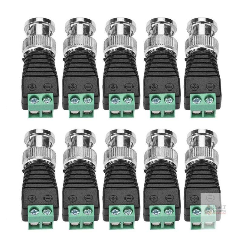 New BNC Male Connector to 2 Screw Terminal Solderless Adapter for CCTV Surveillance Camera, CAT5 Coaxial Cable, 10 Pack