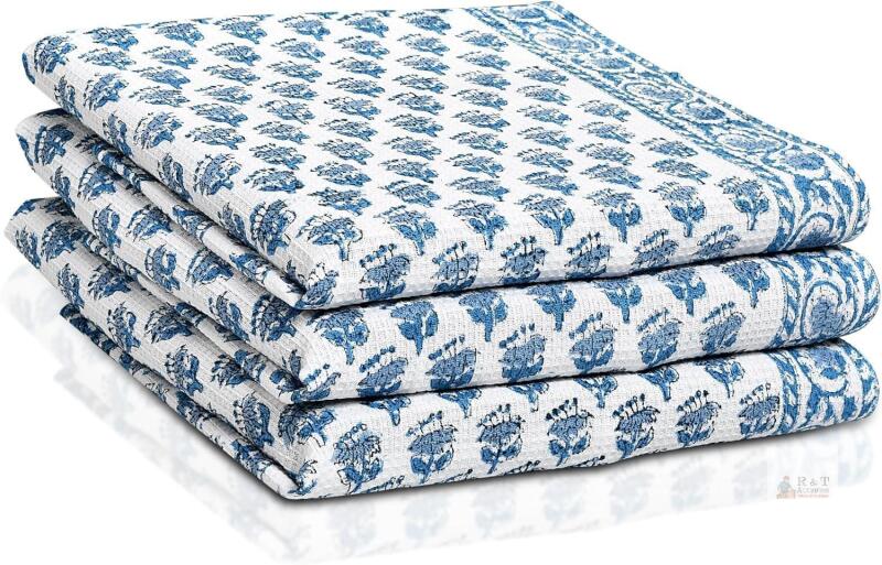 CPC Apatite Blue Block Print Waffle Kitchen Towel Set of 3-16x28 Inch