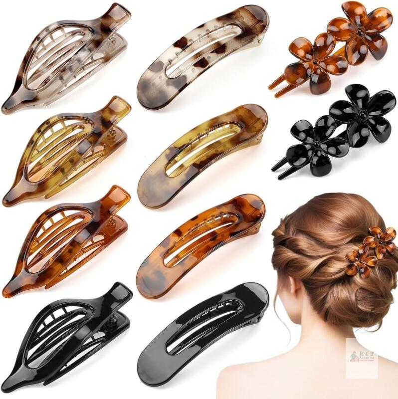 New 10 Pcs Tortoiseshell Flat Claw Clips Set, 3 Styles French Hair Clips, Strong Hold No Slip Design for Thin Thick Curly Hair, Women Daily Hair Accessories