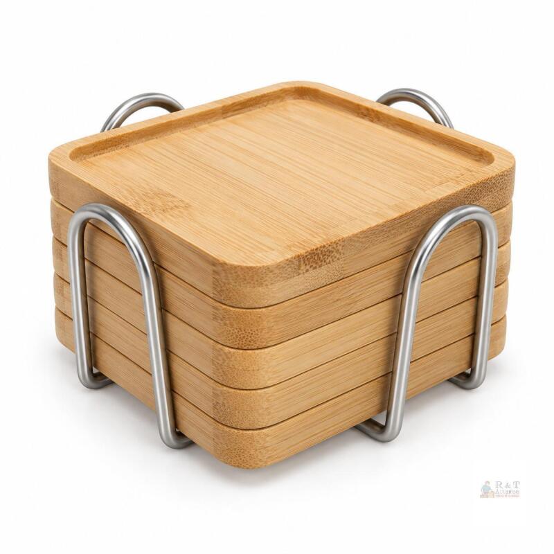 New 6pcs Bamboo Coaster Set With Holder