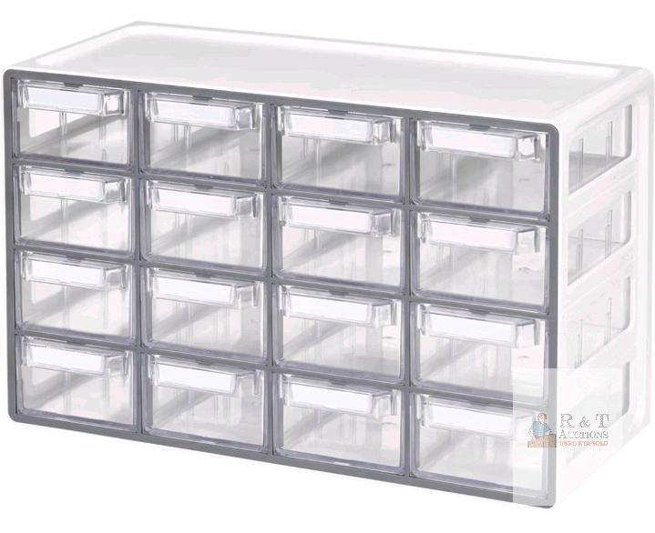NEW Blue Ginkgo 16 Drawer Plastic Organizer Cabinet, 17.7"x8.2"x11", Made in Korea, White/Clear