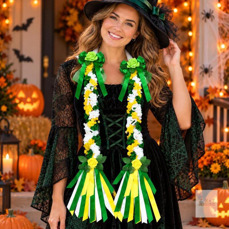NEW Suncalla 102.36&Prime; Green, Yellow & White Floral Ribbon Lei/Garland &ndash; Costume & Party Accessory