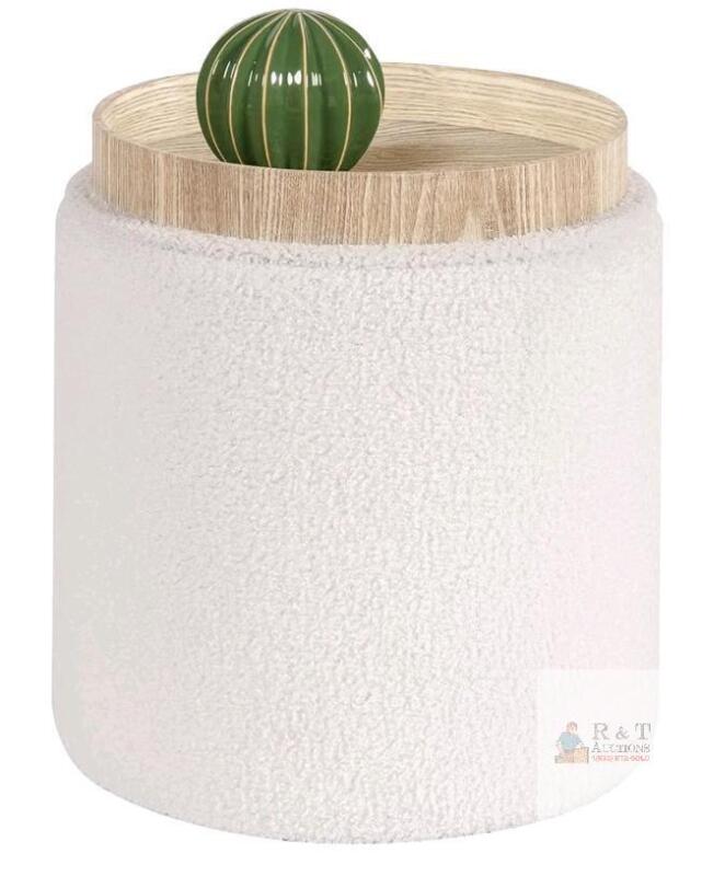 NEW B FSOBEIIALEO 13.8" Round Storage Ottoman Cube, Cream White Boucle w/ Tray Top, Hidden Storage