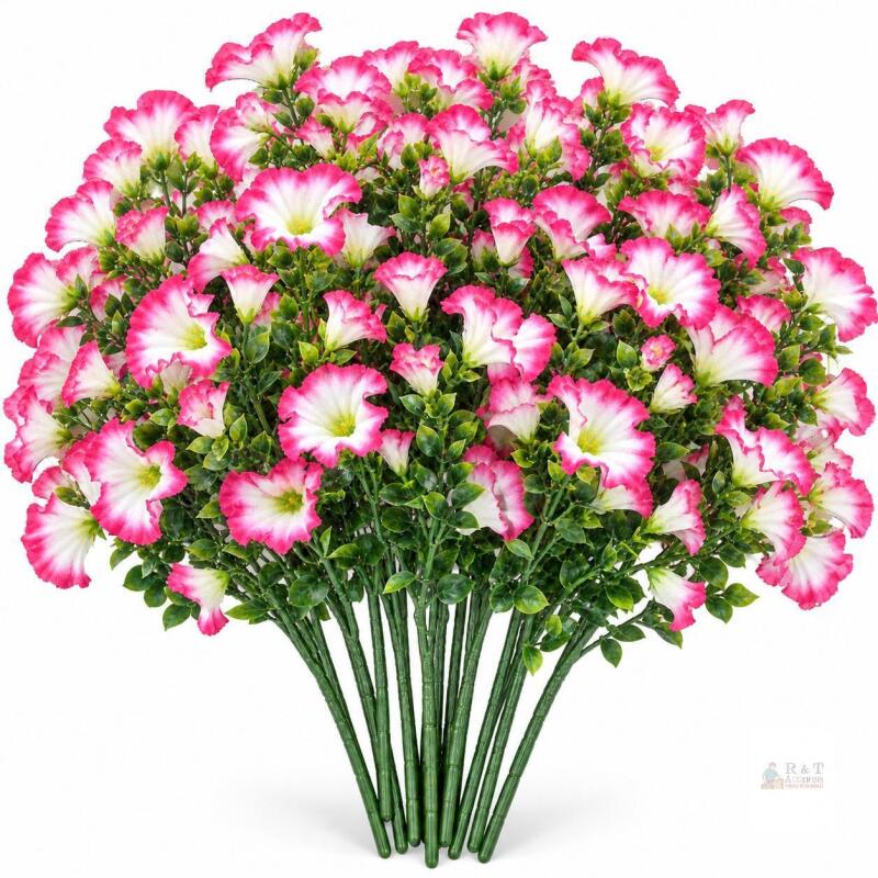 Set of 12 Artificial Pink & White Petunia Flower Stems, 12&ndash;15&Prime; &ndash; Floral D&eacute;cor