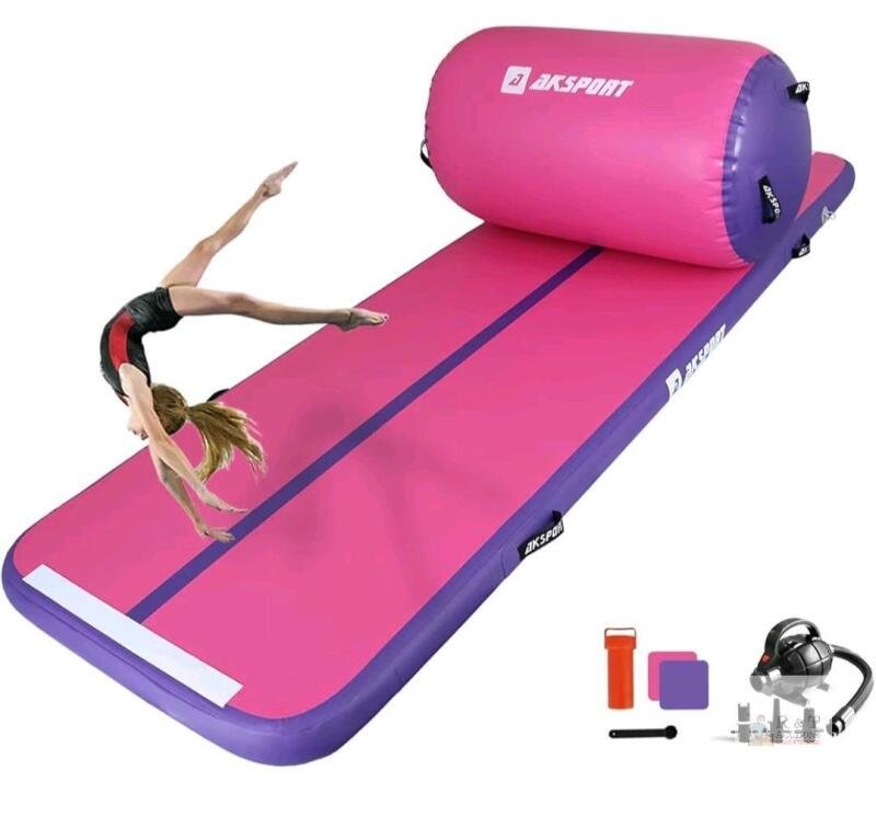 AKSPORT Inflatable Gymnastics Mat Set 10ft x 3.3ft x 4in Pink/Purple, Pump, Roller, New