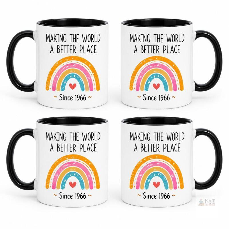 NEW Set of 4 &ldquo;Making the World a Better Place Since 1966&rdquo; Rainbow Mugs, Black Interior & Handle