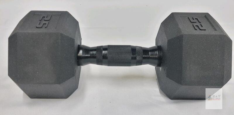 NEW 25 lb Hex Rubber Dumbbell, Knurled Steel Handle, 1.25" Grip, Black, Embossed Weight