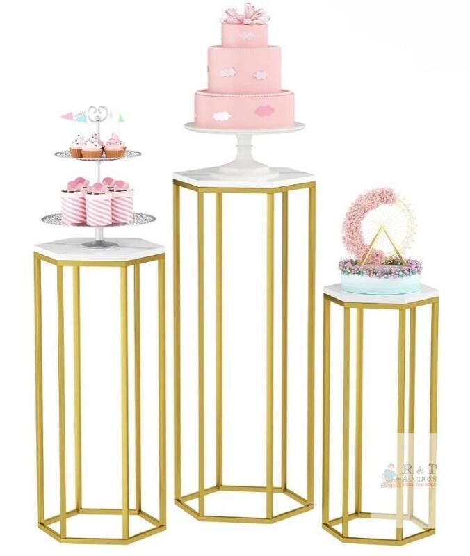 NEW Set of 3 Gold Hexagonal Metal Display Pedestals, White Marbled Tops, 35"/28"/24" Heights