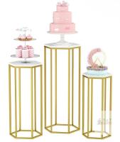 NEW Set of 3 Gold Hexagonal Metal Display Pedestals, White Marbled Tops, 35"/28"/24" Heights