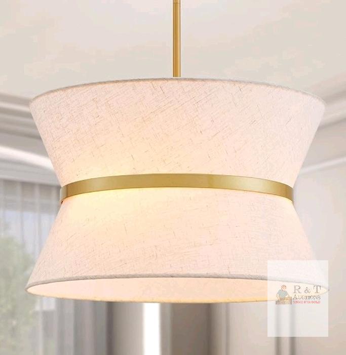 New - Fashease Fabric Drum Chandelier, D18*H12-47inch (Adjustable Height), Modern Light Fixture For Living Room, Dining Room, Kitchen, Gold Finish Frame & Linen Fabric Shade